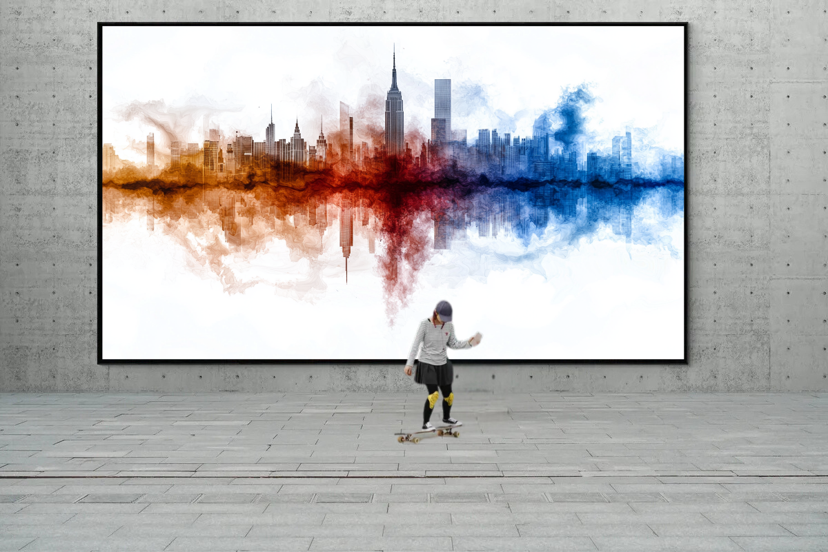 “Flames and Water – A Mirror of the City” – A skyline in vibrant swirls of color