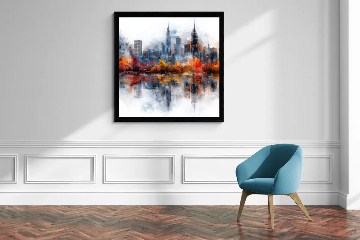 "Autumnal skyline in reflection"