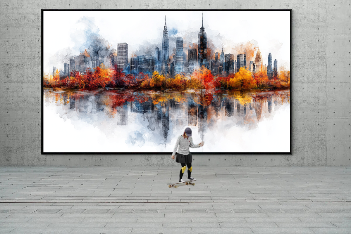 "Autumnal skyline in reflection"