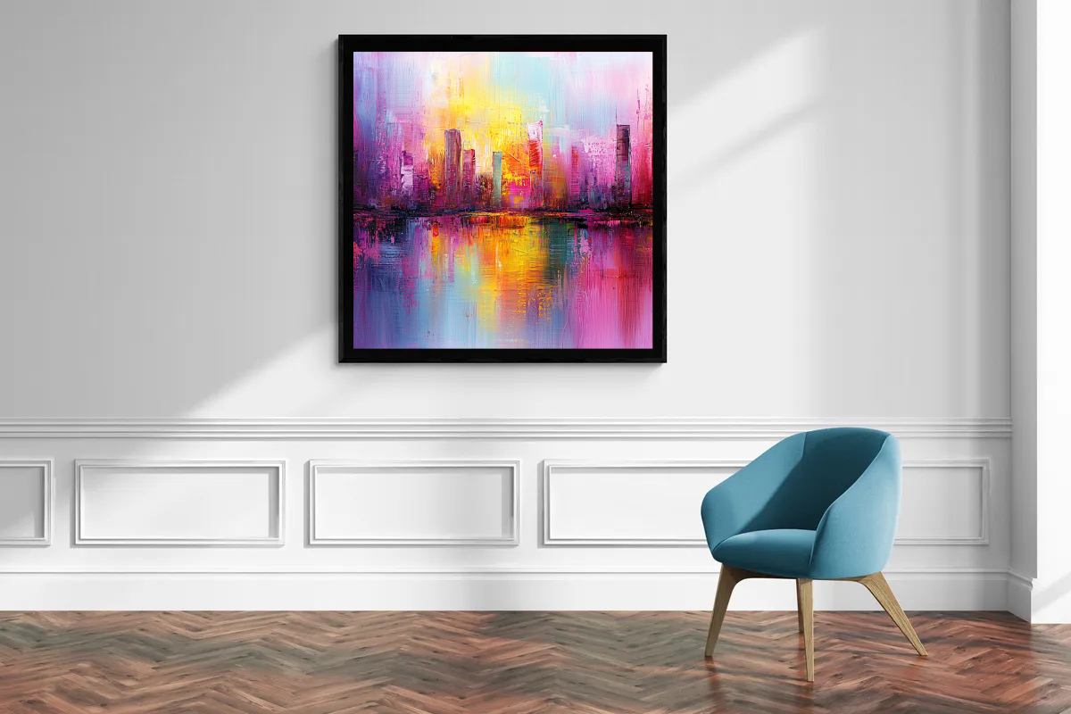 “Neon Dreams” – Abstract skyline in bright neon colors