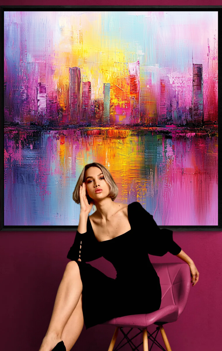“Neon Dreams” – Abstract skyline in bright neon colors