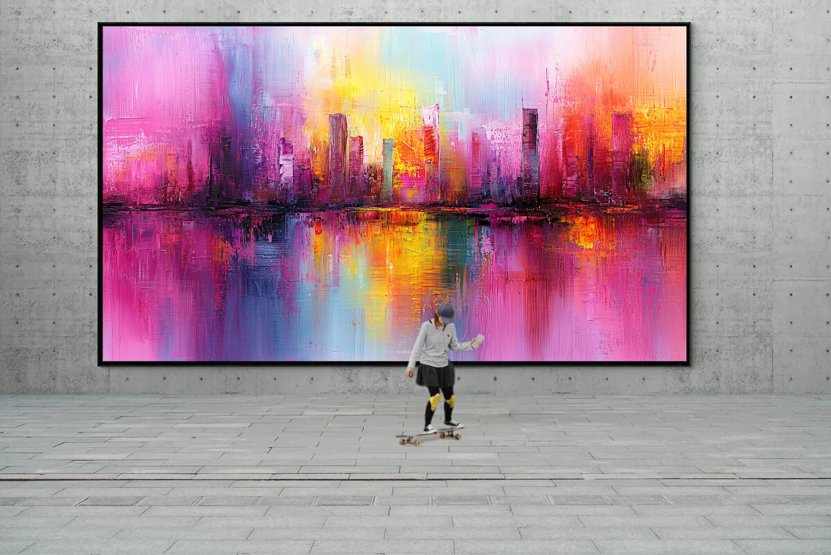 “Neon Dreams” – Abstract skyline in bright neon colors
