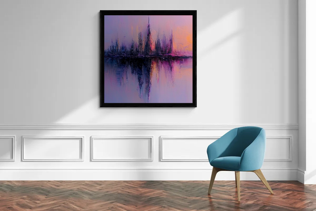 “City of Dreams” – Delicate skyline in pastel purple and pink