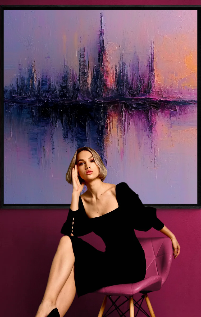 “City of Dreams” – Delicate skyline in pastel purple and pink