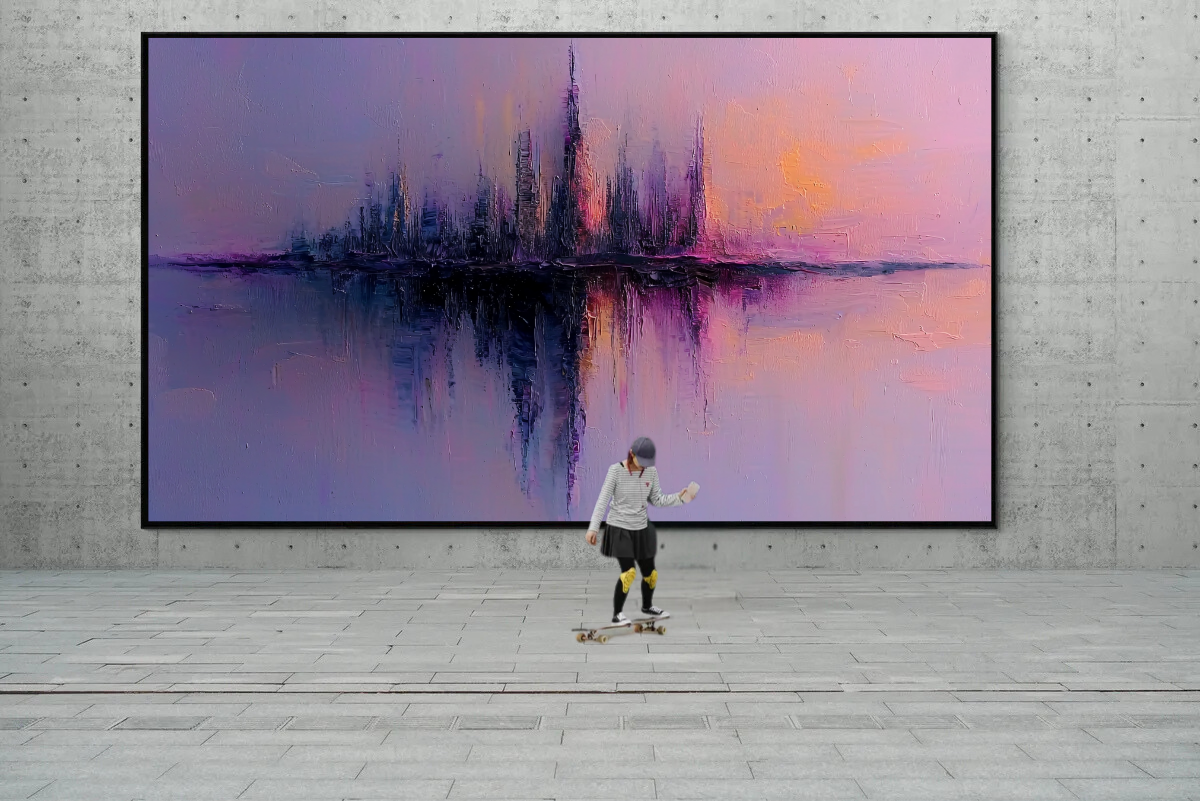 “City of Dreams” – Delicate skyline in pastel purple and pink