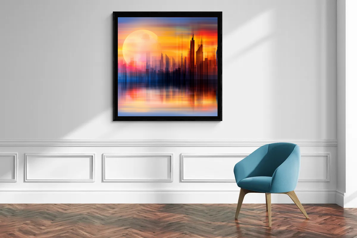 „Stadt im Licht der Dämmerung“ – Abstrakte Skyline mit Sonnenuntergangs-Atmosphäre