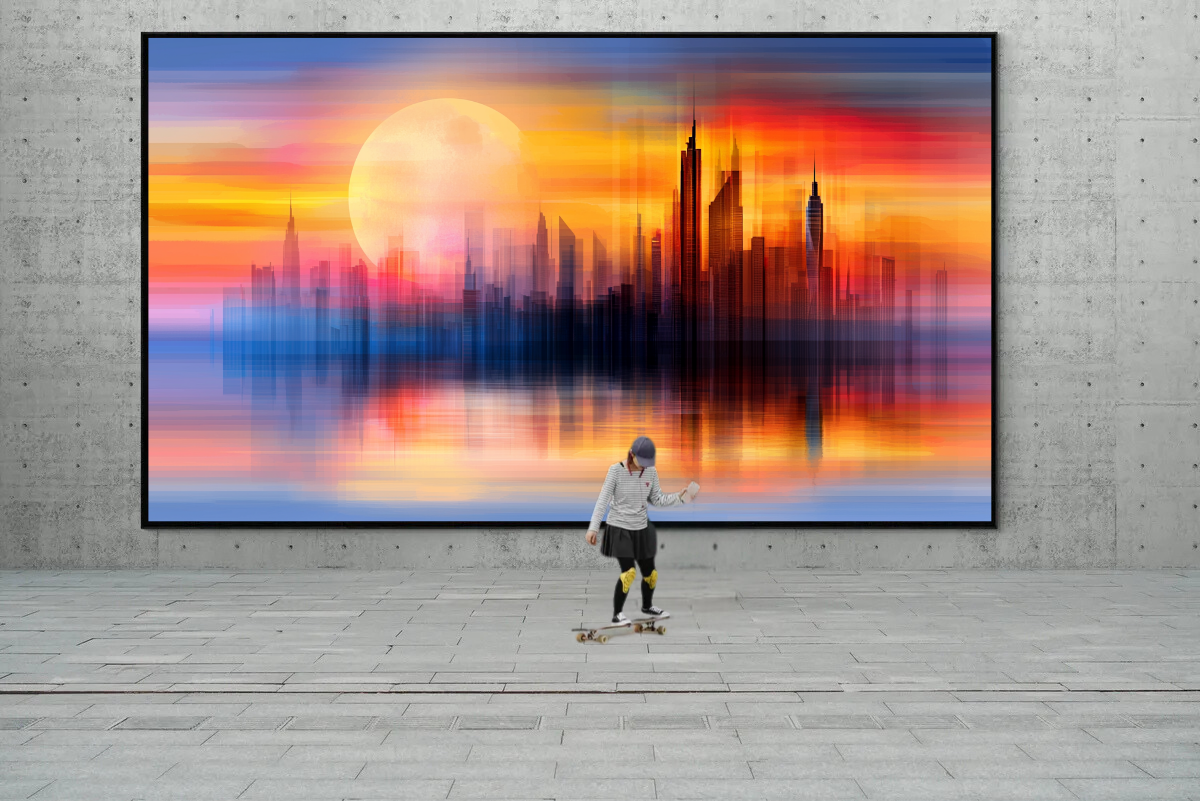 „Stadt im Licht der Dämmerung“ – Abstrakte Skyline mit Sonnenuntergangs-Atmosphäre