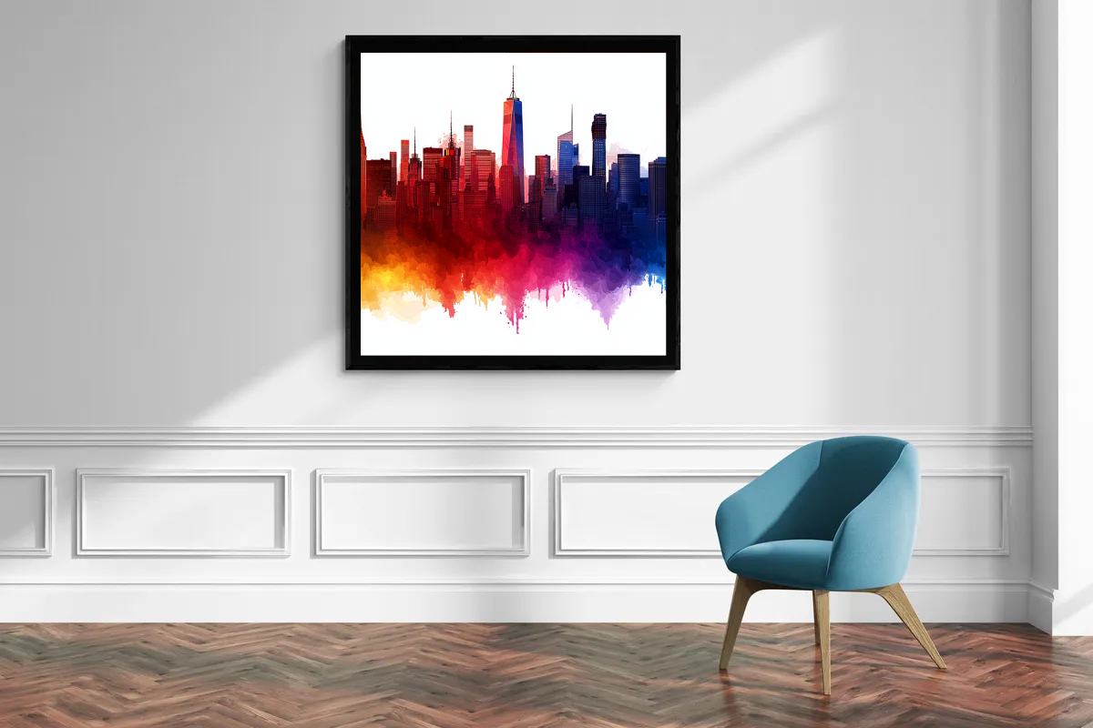 „Stadt in Flammen“ – Abstrakte Skyline in lebhaften Farbexplosionen