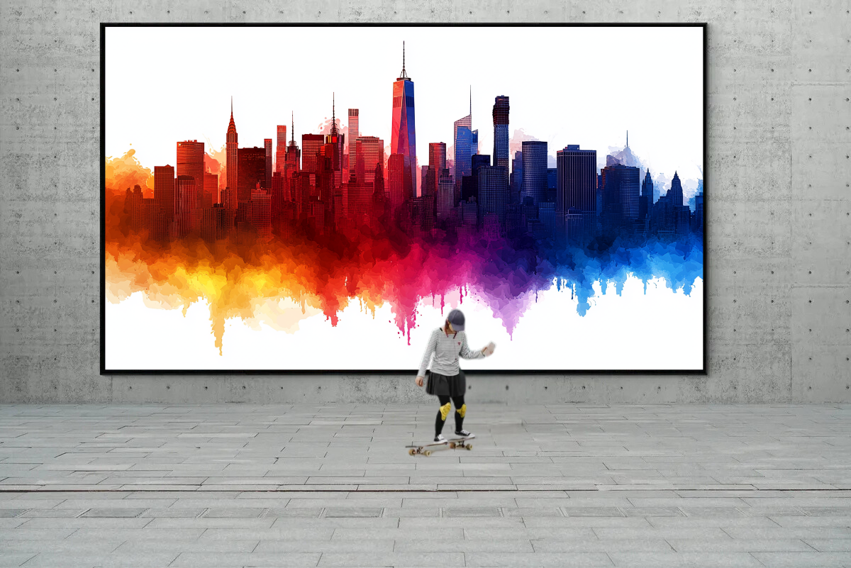 „Stadt in Flammen“ – Abstrakte Skyline in lebhaften Farbexplosionen