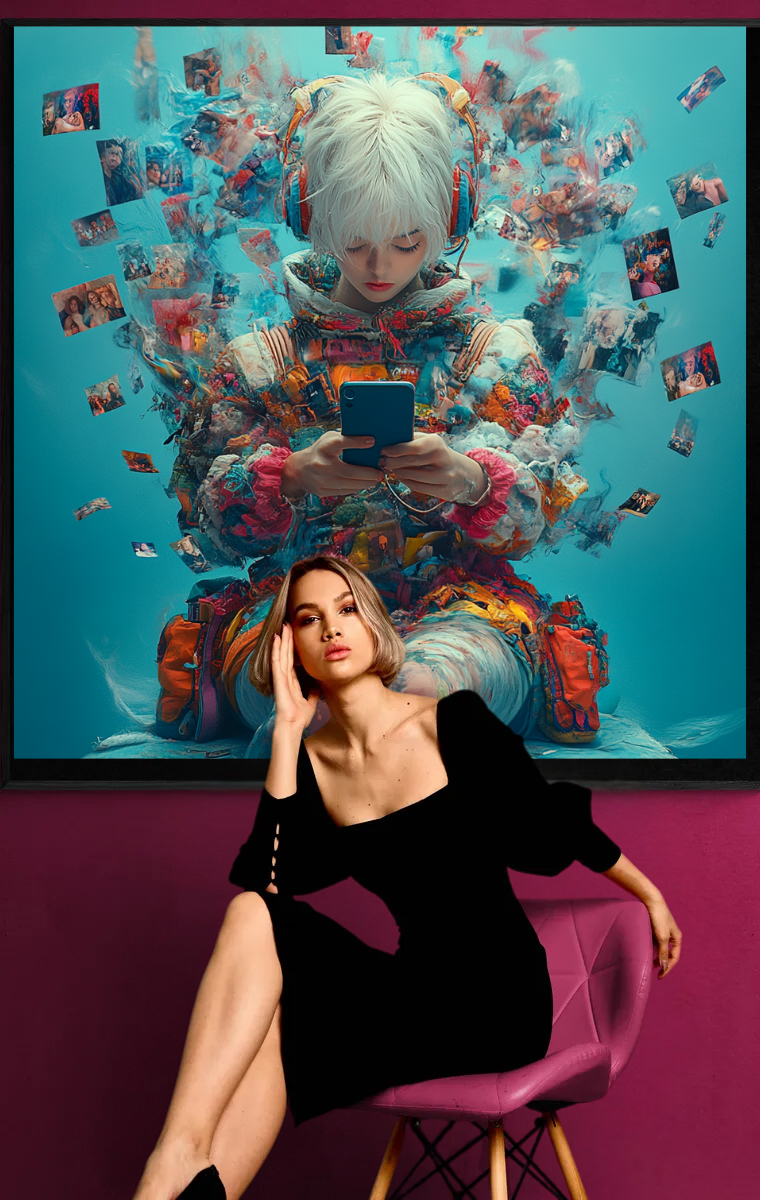 „Digitale Träume“ – Moderner Kunstdruck im Tech-Pop-Stil mit nachdenklicher Botschaft