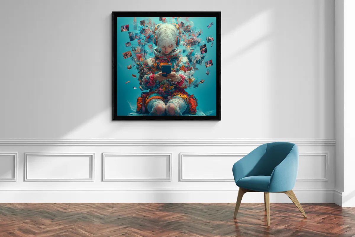 „Digitale Träume“ – Moderner Kunstdruck im Tech-Pop-Stil mit nachdenklicher Botschaft