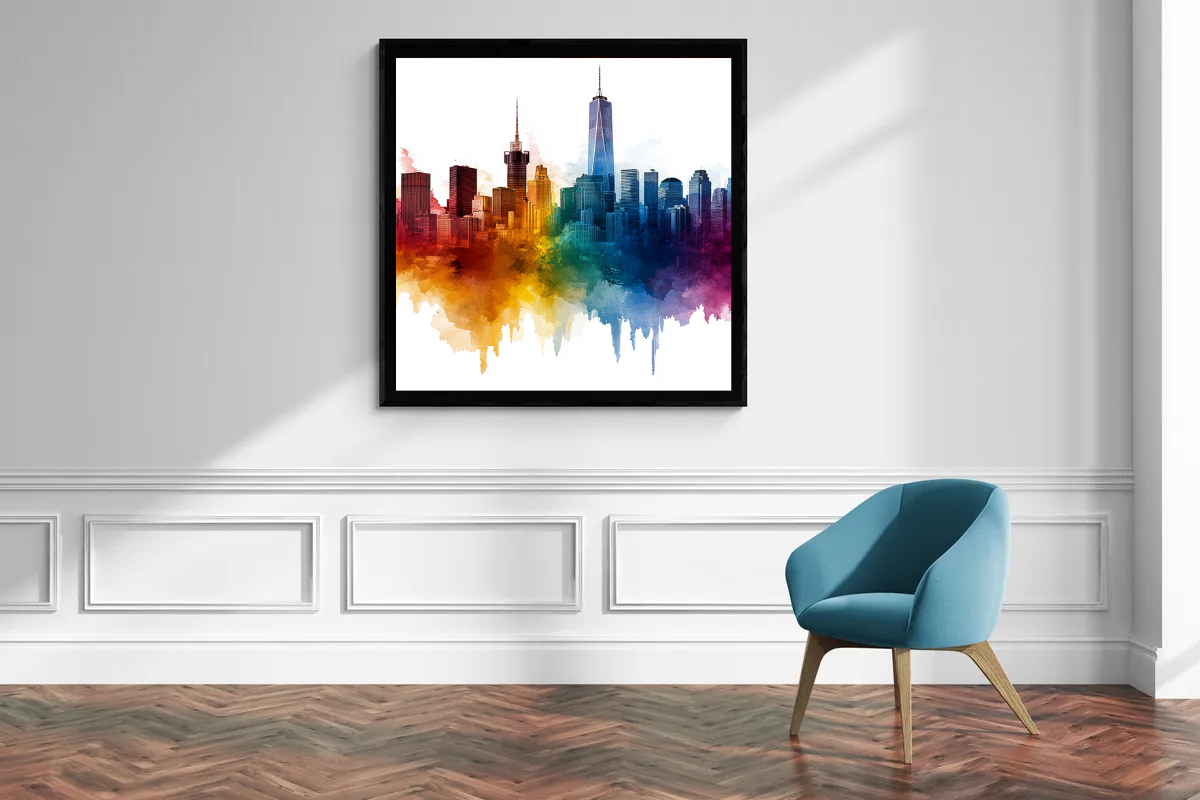 „Farbenpracht der Skyline“ – Ein Stadtbild in lebhaften Aquarelltönen