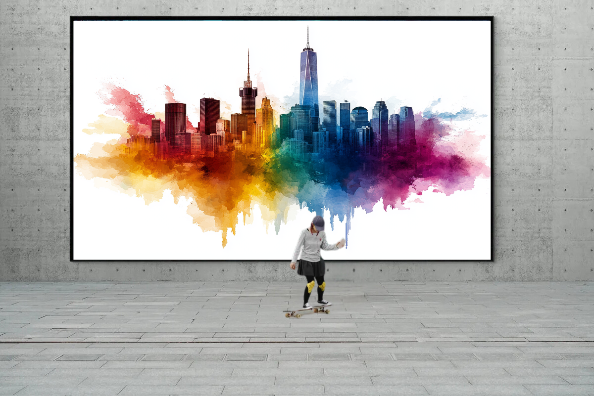 „Farbenpracht der Skyline“ – Ein Stadtbild in lebhaften Aquarelltönen