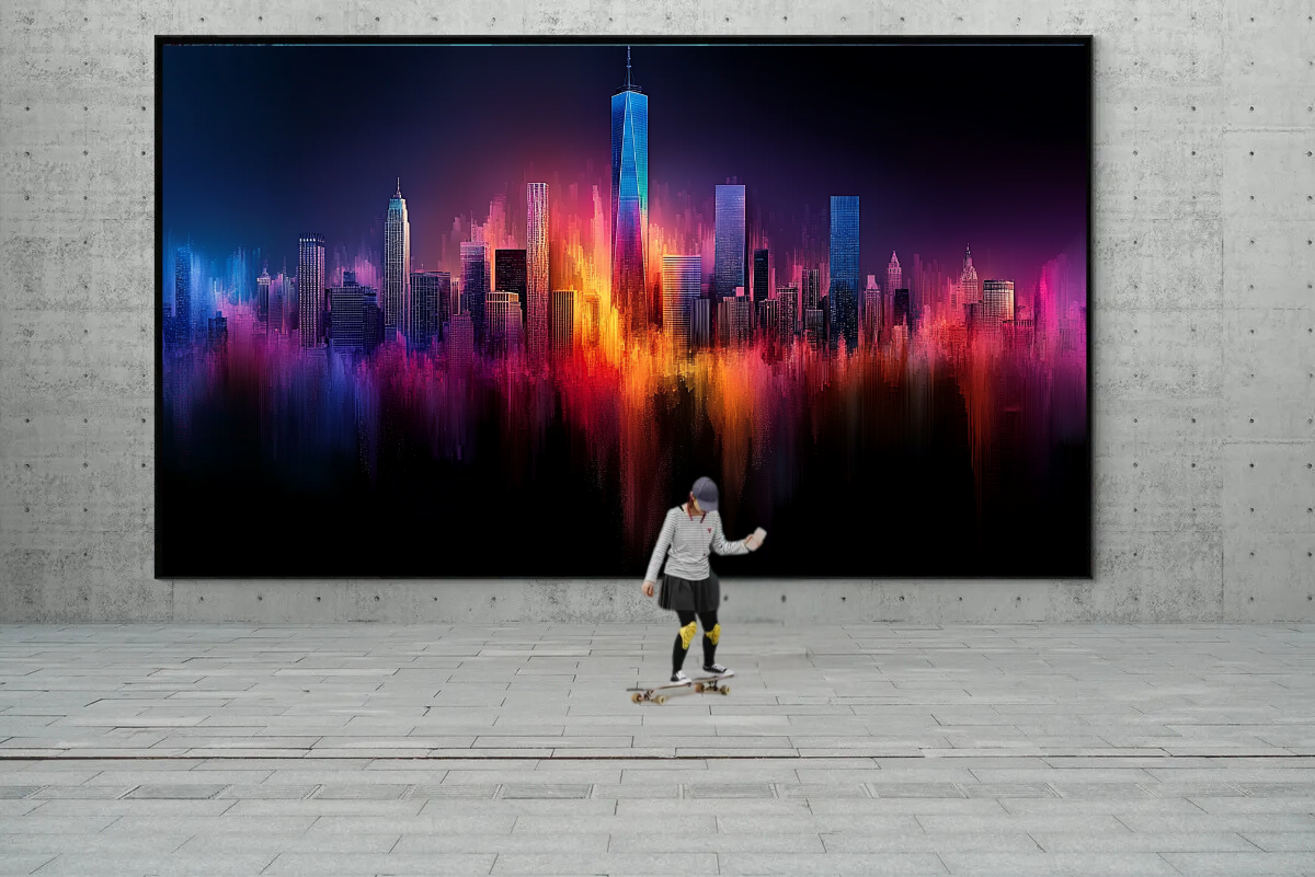 „Flammen der Stadt“ – Moderne Skyline in leuchtenden Farbexplosionen