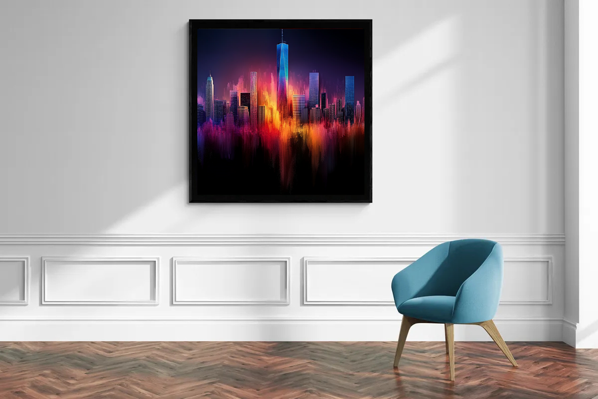 „Flammen der Stadt“ – Moderne Skyline in leuchtenden Farbexplosionen