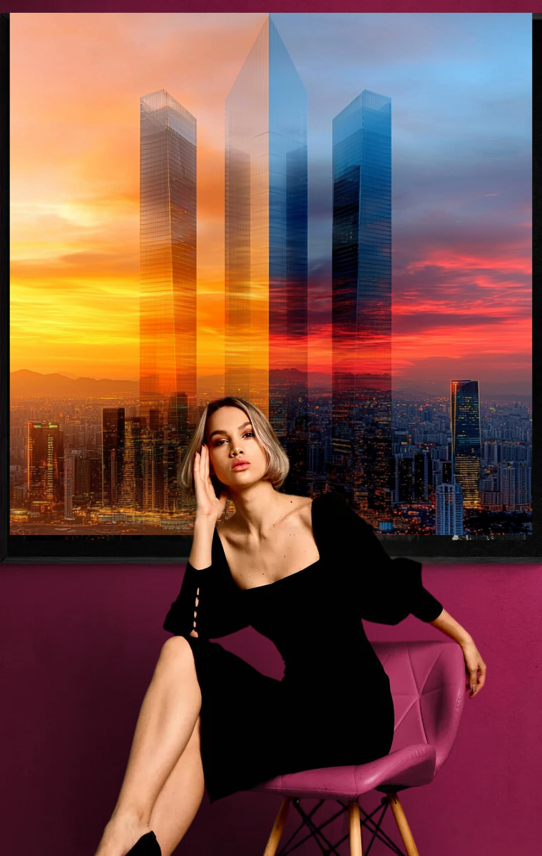 „Stadt im Lichtspiel“ – Moderne Skyline in faszinierenden Farbkontrasten