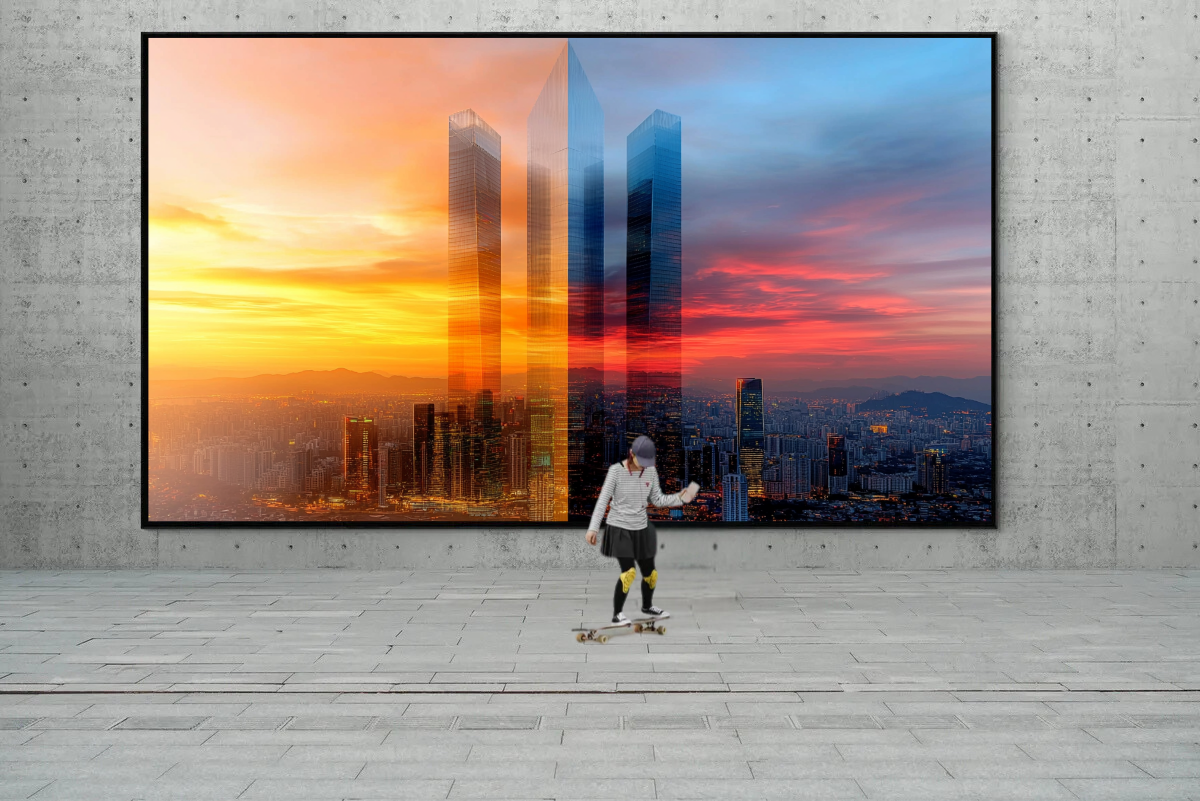 „Stadt im Lichtspiel“ – Moderne Skyline in faszinierenden Farbkontrasten