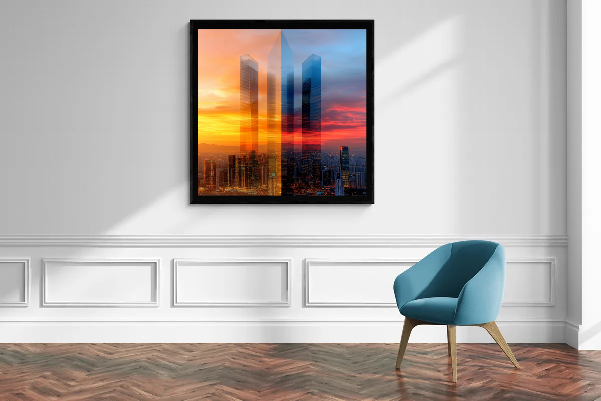 „Stadt im Lichtspiel“ – Moderne Skyline in faszinierenden Farbkontrasten