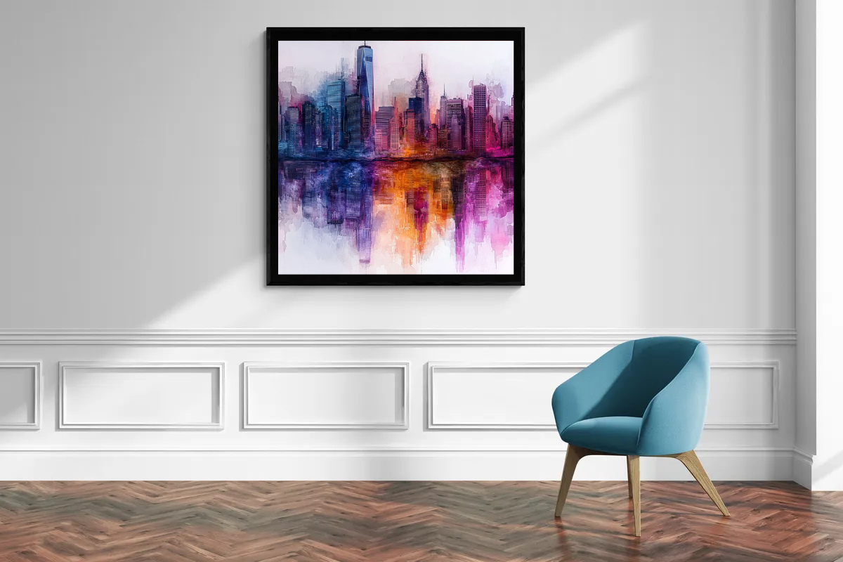 „Stadt in Purpur“ – Abstrakte Skyline mit kräftigen Farben