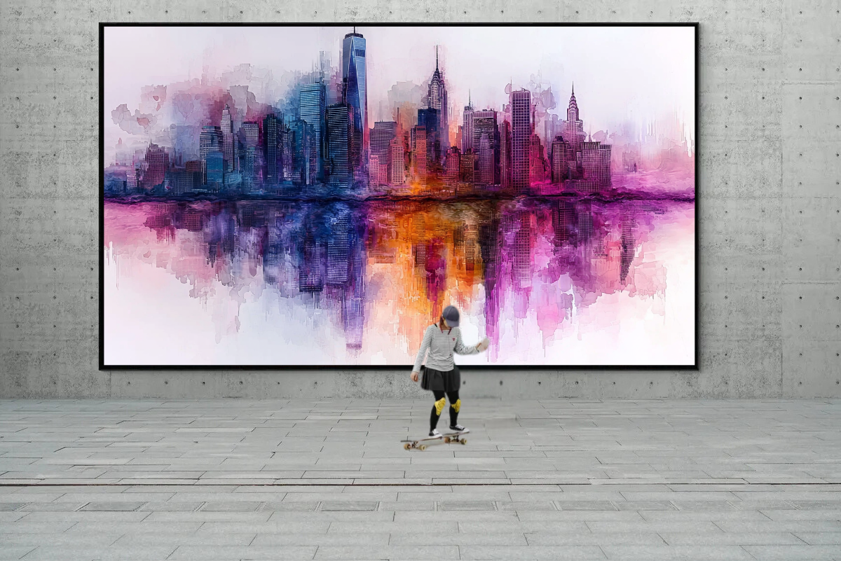 „Stadt in Purpur“ – Abstrakte Skyline mit kräftigen Farben