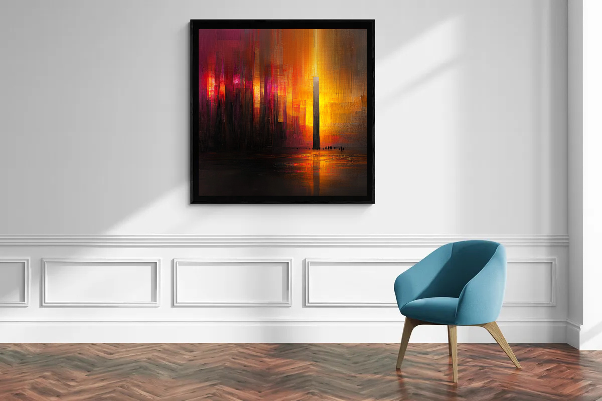 “Light and Shadow of the City” – Skyline in deep red tones and golden accents