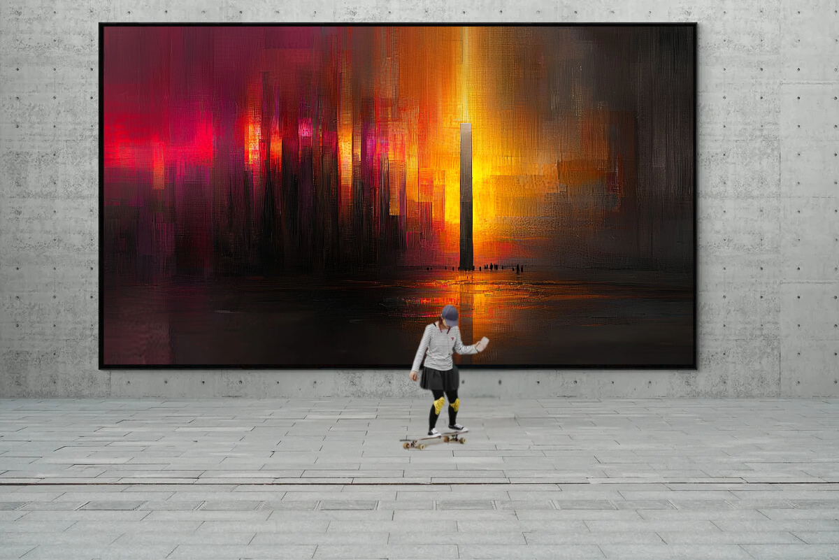 “Light and Shadow of the City” – Skyline in deep red tones and golden accents
