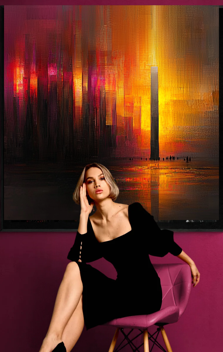 “Light and Shadow of the City” – Skyline in deep red tones and golden accents