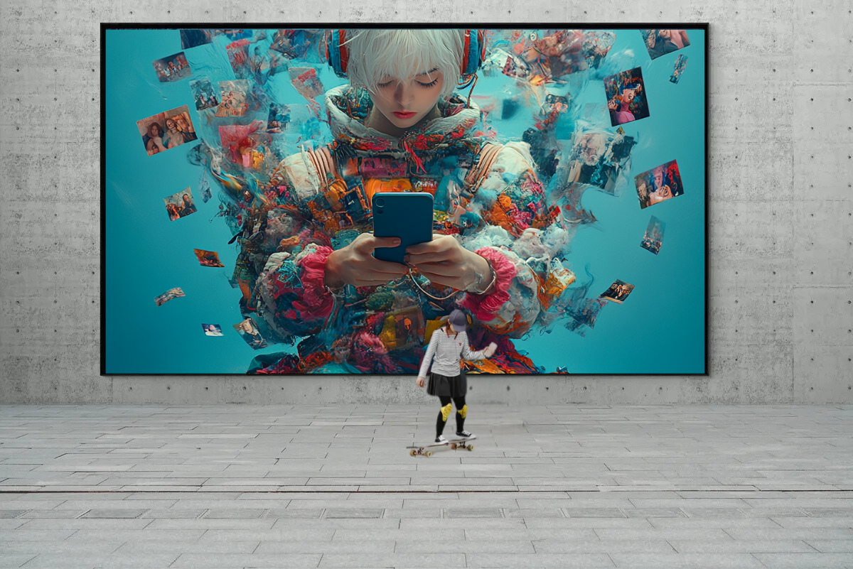 „Digitale Träume“ – Moderner Kunstdruck im Tech-Pop-Stil mit nachdenklicher Botschaft