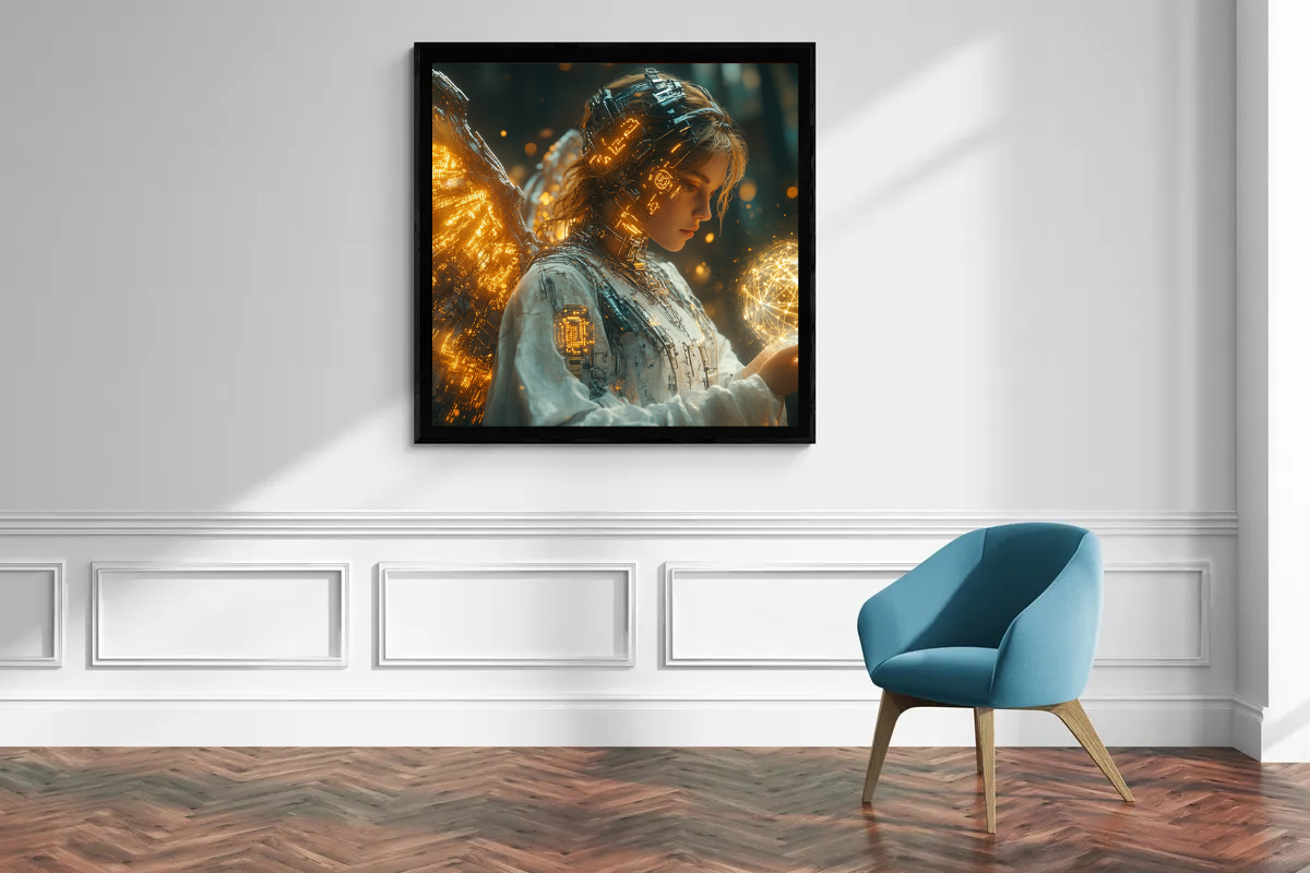 „Der Lichtwächter“ – Cyberpunk-Engel in goldener Pracht