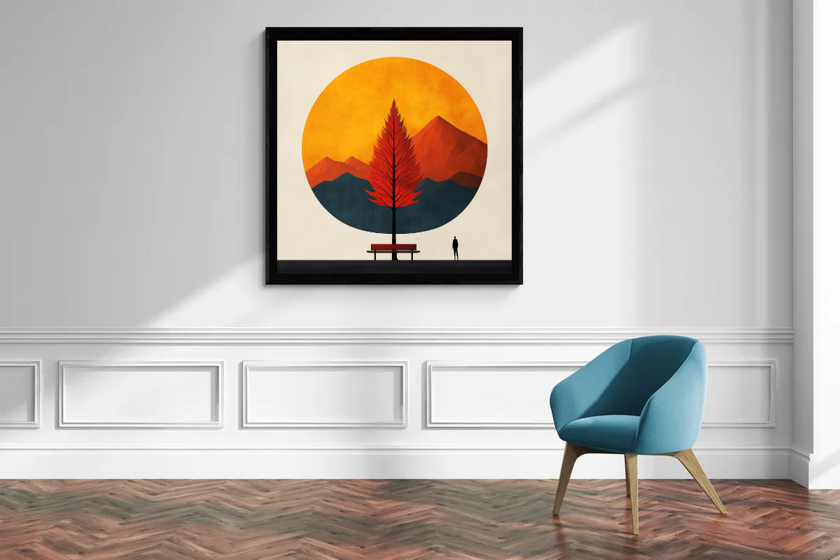 “The Red Bench” – Minimalist Harmony of Nature and Man