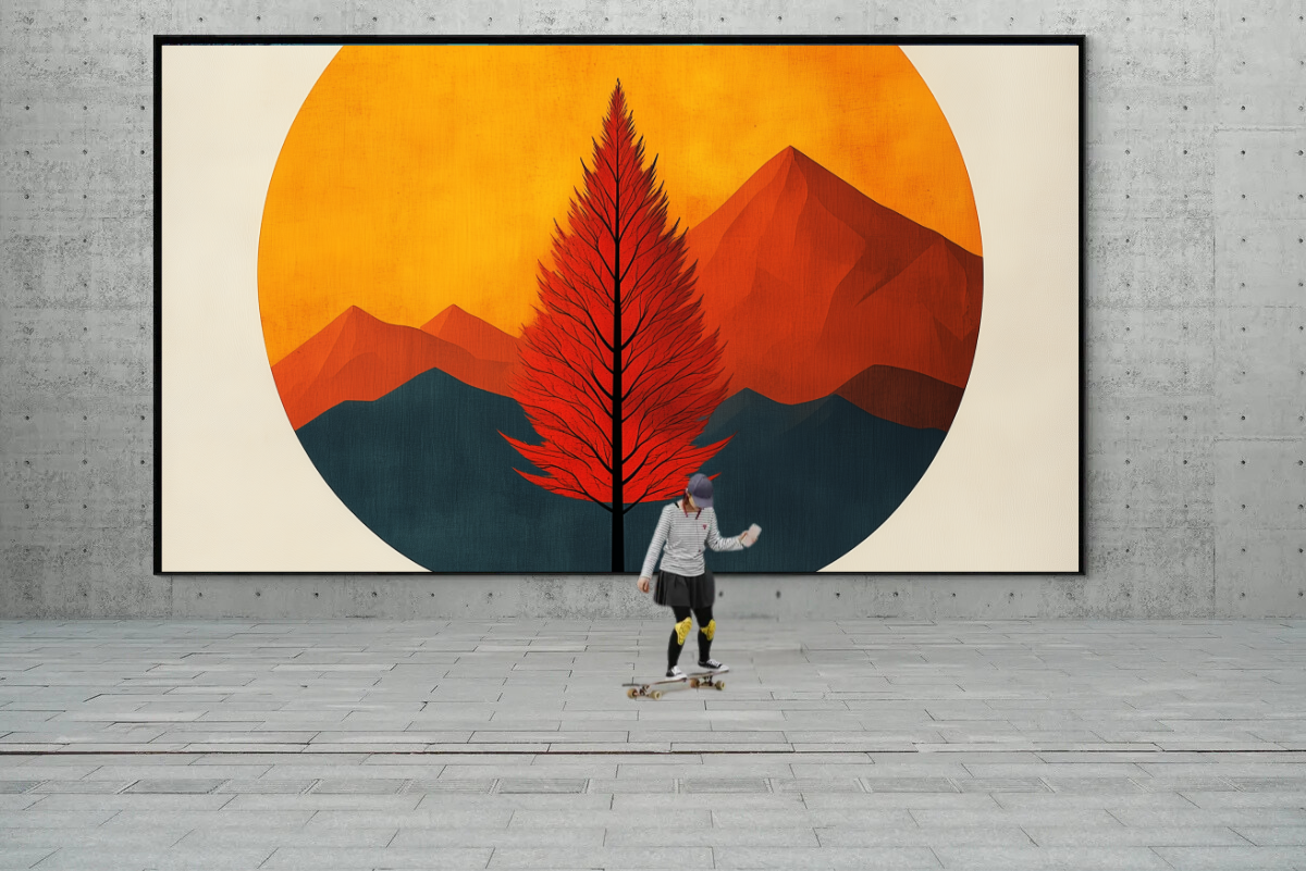 “The Red Bench” – Minimalist Harmony of Nature and Man