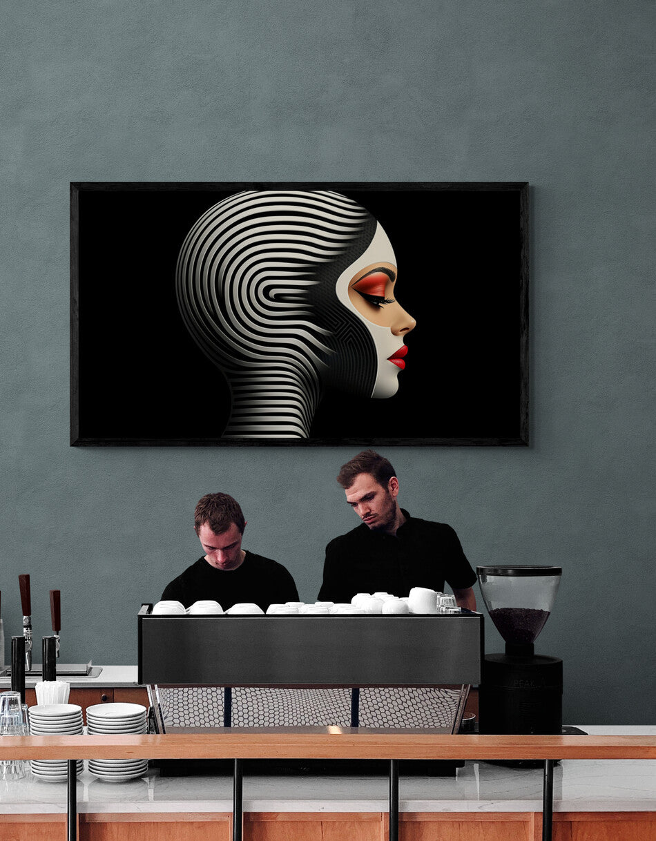 “The Hypnotic Muse” – A futuristic fusion of op-art and sensual expressiveness