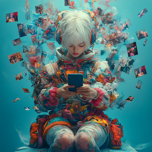 „Digitale Träume“ – Moderner Kunstdruck im Tech-Pop-Stil mit nachdenklicher Botschaft