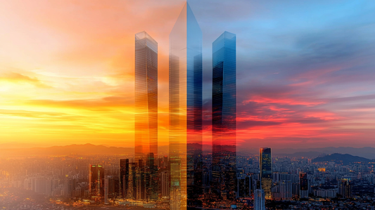 „Stadt im Lichtspiel“ – Moderne Skyline in faszinierenden Farbkontrasten