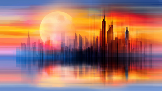 „Stadt im Licht der Dämmerung“ – Abstrakte Skyline mit Sonnenuntergangs-Atmosphäre