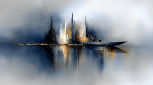 „Stille im Nebel“ – Abstrakte Landschaft in ruhigen Blau- und Goldtönen