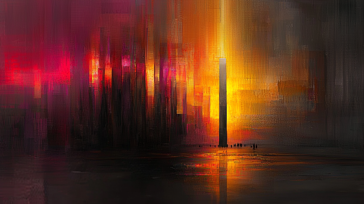 “Light and Shadow of the City” – Skyline in deep red tones and golden accents