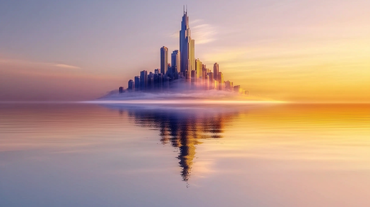 „Stadt der Morgenröte“ – Skyline im zarten Licht des Sonnenaufgangs