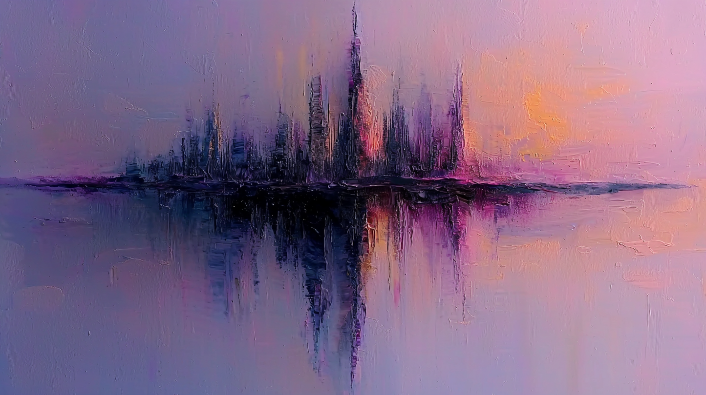“City of Dreams” – Delicate skyline in pastel purple and pink
