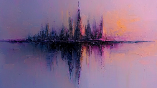 „Stadt der Träume“ – Zarte Skyline in Pastellviolett und Rosa