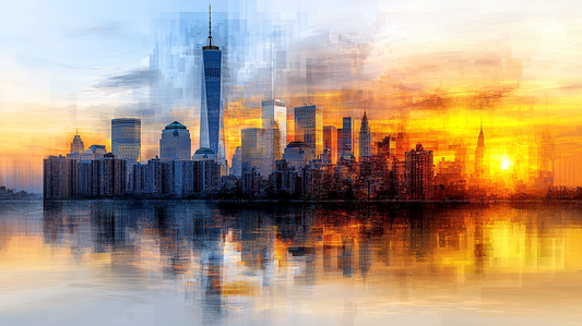 „Geometrischer Sonnenaufgang über der Skyline“
