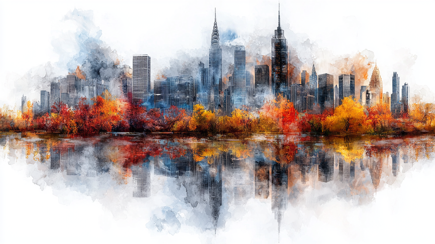 "Autumnal skyline in reflection"