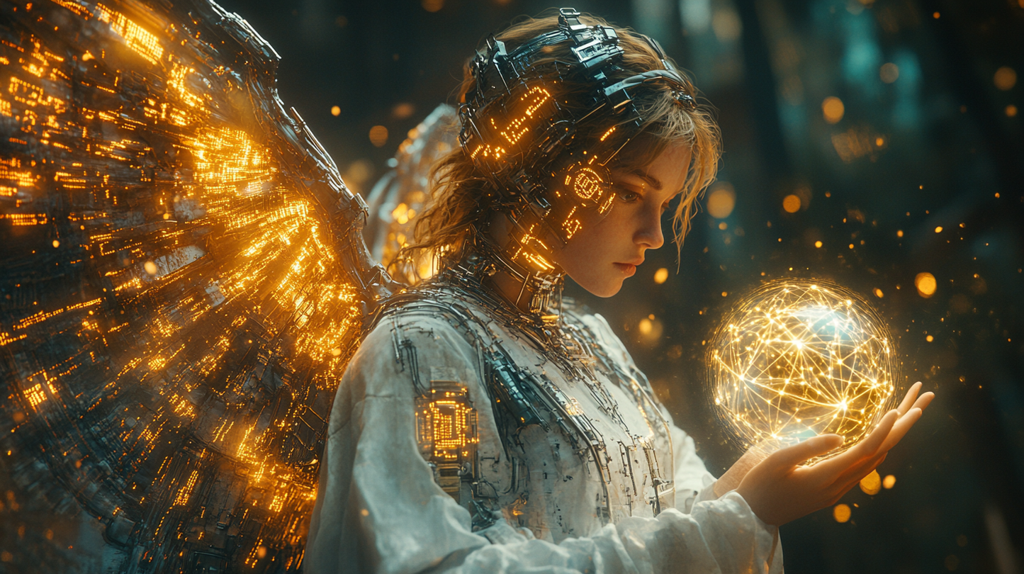„Der Lichtwächter“ – Cyberpunk-Engel in goldener Pracht