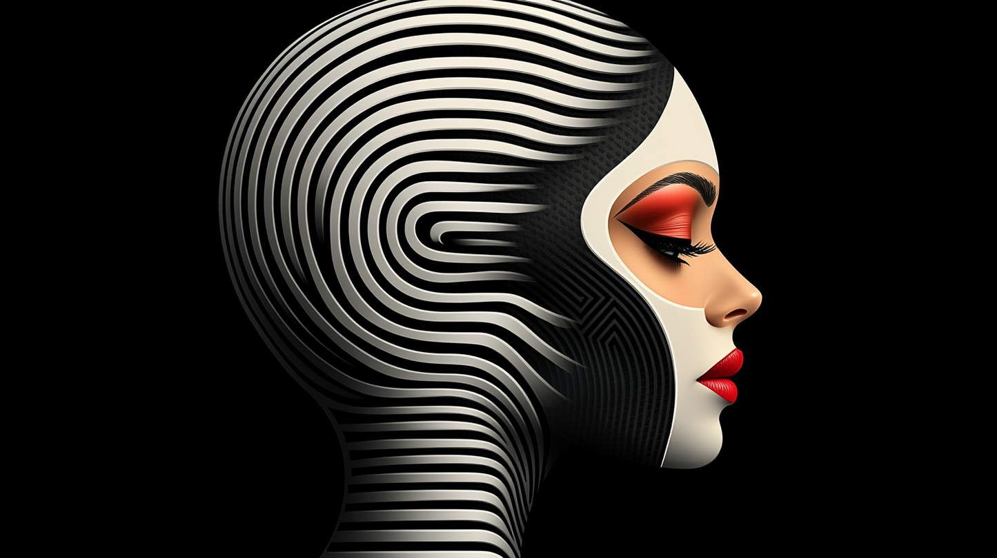 “The Hypnotic Muse” – A futuristic fusion of op-art and sensual expressiveness