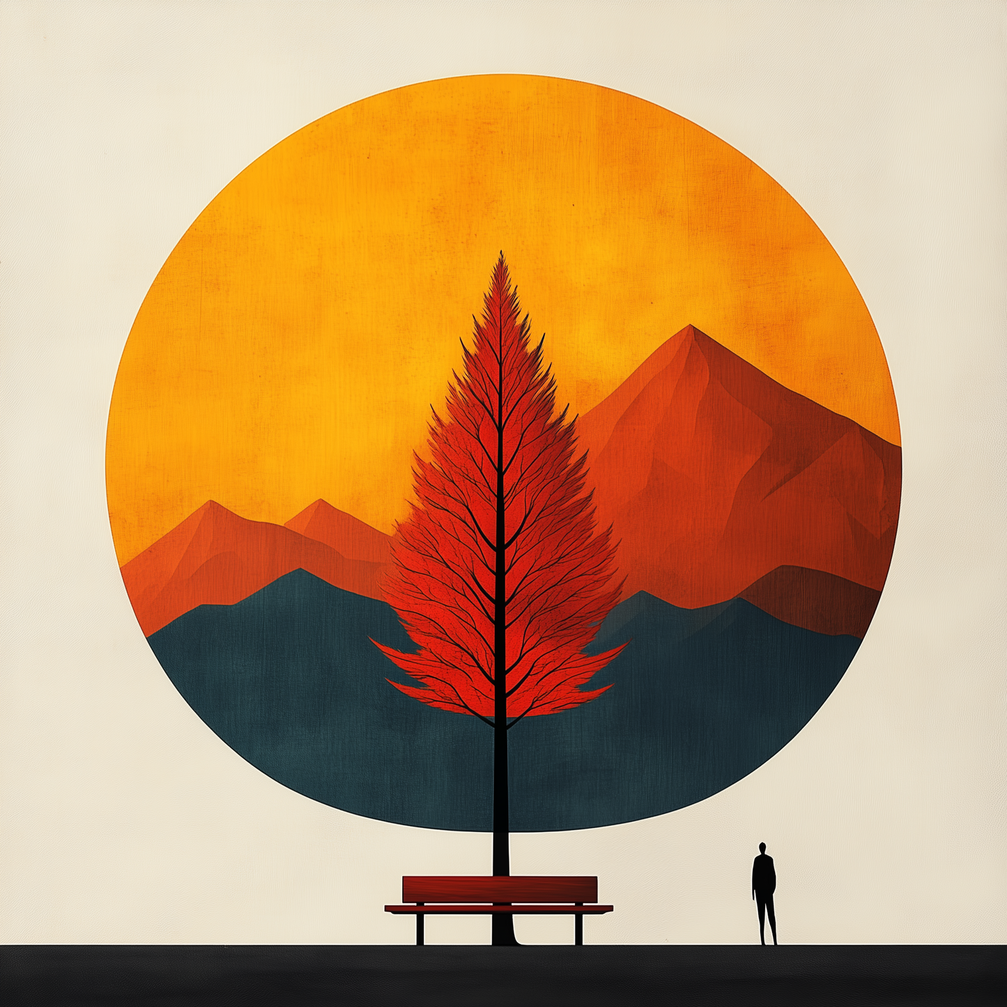 “The Red Bench” – Minimalist Harmony of Nature and Man
