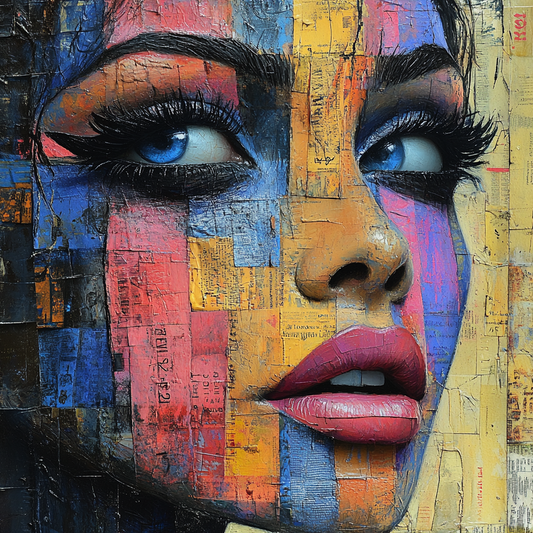 „Blick der Mosaike“ – Porträt-Kunstdruck im Stil der Mail Art