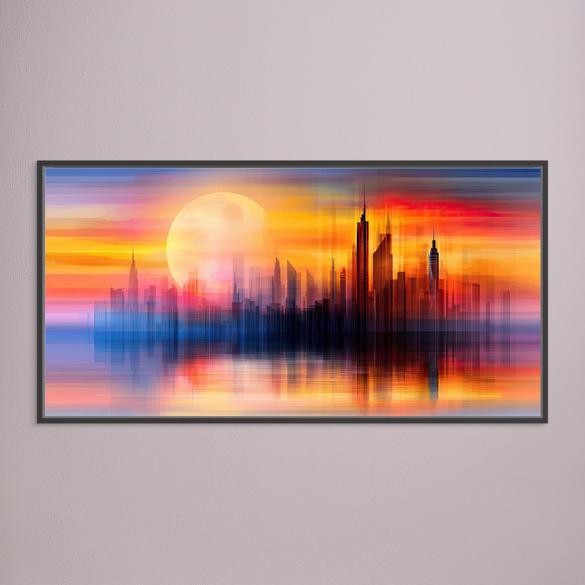 „Stadt im Licht der Dämmerung“ – Abstrakte Skyline mit Sonnenuntergangs-Atmosphäre