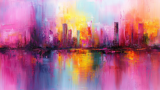“Neon Dreams” – Abstract skyline in bright neon colors