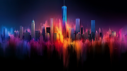 „Flammen der Stadt“ – Moderne Skyline in leuchtenden Farbexplosionen