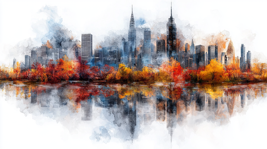 "Autumnal skyline in reflection"